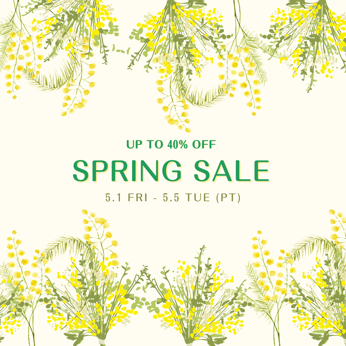 Spring sale hero image with flowers and texts, says up to 40% off