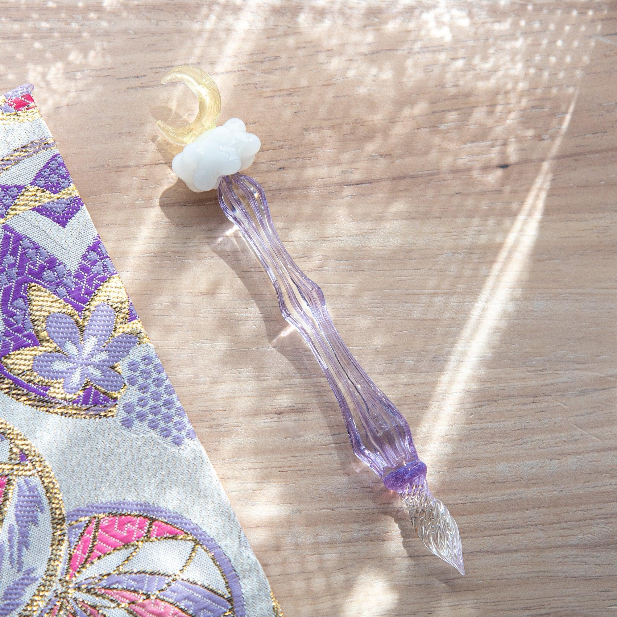 Moonlit Cloud glass dip pen with white cloud-shaped topper and purple ribbed glass barrel